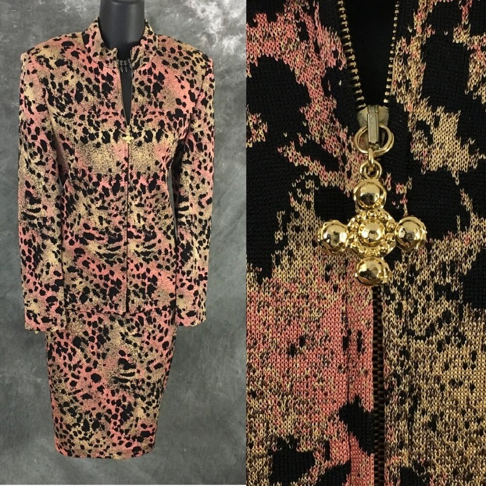 BEAUTIFUL St John collection knit pink black multi jacket skirt suit size 2 4